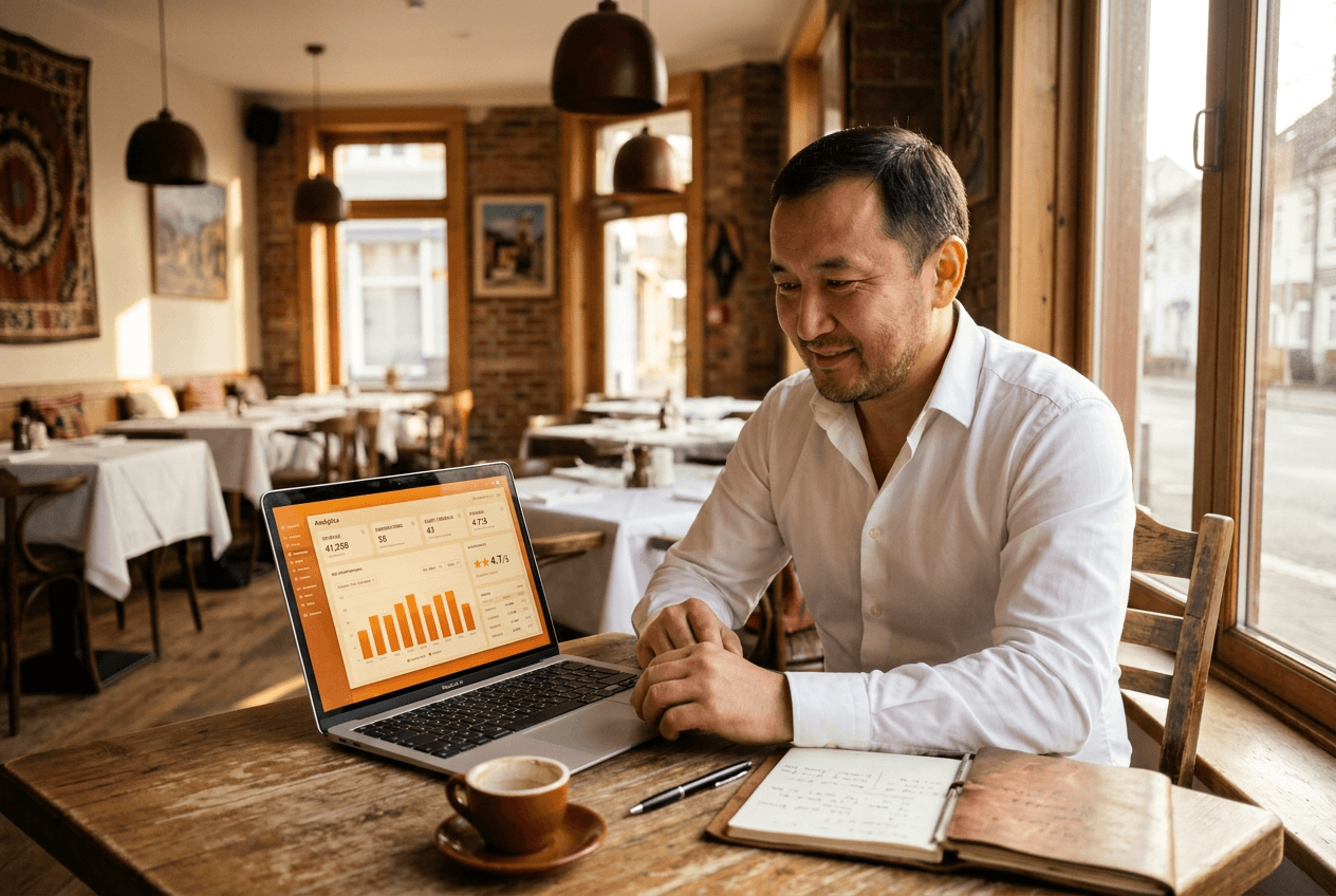 Restaurant owner reviewing Platry feedback dashboard